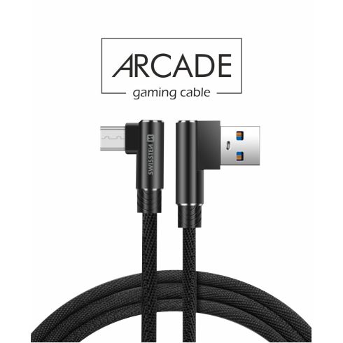 Swissten Arcade gaming adat- és töltőkábel textil bevonattal, USB/mikro USB, 1,2 m fekete, L-csatlakozó