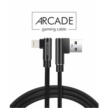   Swissten Arcade gaming adat- és töltőkábel textil bevonattal, USB/lightning, 1,2 m fekete, L-csatlakozó