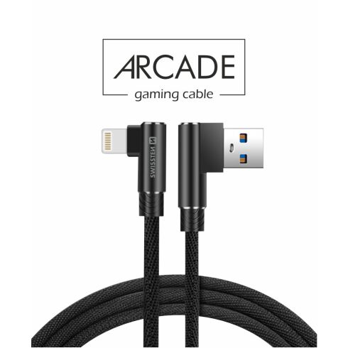 Swissten Arcade gaming adat- és töltőkábel textil bevonattal, USB/lightning, 1,2 m fekete, L-csatlakozó