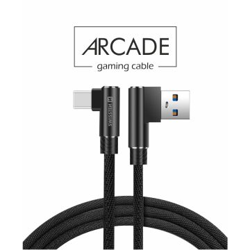   Swissten Arcade gaming adat- és töltőkábel textil bevonattal, USB/USB-C, 1,2 m fekete, L-csatlakozó