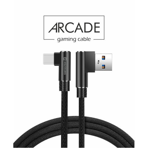 Swissten Arcade gaming adat- és töltőkábel textil bevonattal, USB/USB-C, 1,2 m fekete, L-csatlakozó