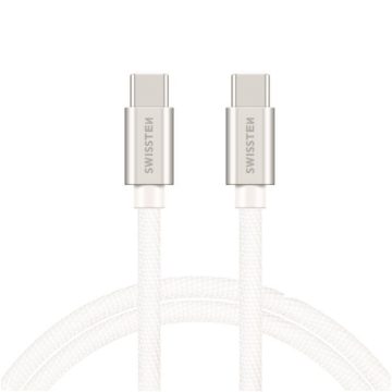   Swissten adat- és töltőkábel textil bevonattal, USB-C/USB-C 2 m ezüst/fehér