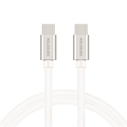 Swissten adat- és töltőkábel textil bevonattal, USB-C/USB-C 2 m ezüst/fehér