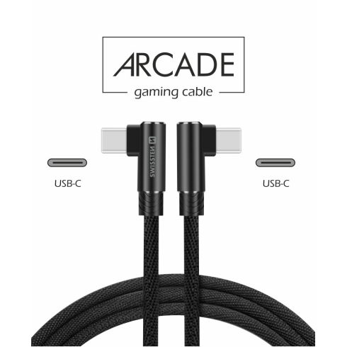 Swissten Arcade gaming adat- és töltőkábel textil bevonattal, USB-C/USB-C, 1,2 m fekete, L-csatlakozó