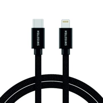   Swissten adat- és töltőkábel textil bevonattal, USB-C/lightning, 2 m fekete