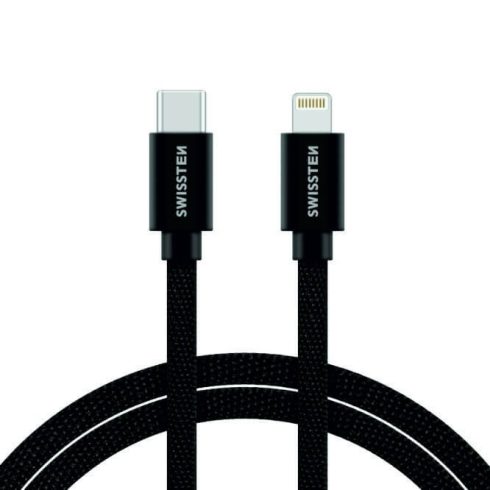 Swissten adat- és töltőkábel textil bevonattal, USB-C/lightning, 2 m fekete