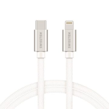   Swissten adat- és töltőkábel textil bevonattal, USB-C/lightning, 2 m ezüst/fehér