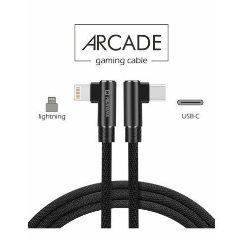 Swissten Arcade gaming adat- és töltőkábel textil bevonattal, USB-C/lightning, 1,2 m fekete, L-csatlakozó