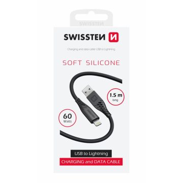   Swissten puha szilikon adat- és töltőkábel, USB/lightning, 1,5m, 60W, fekete