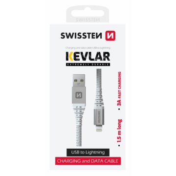   Swissten kevlár adat- és töltőkábel USB/lightning, 1,5m, 3A, fehér