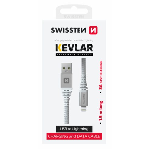 Swissten kevlár adat- és töltőkábel USB/lightning, 1,5m, 3A, fehér