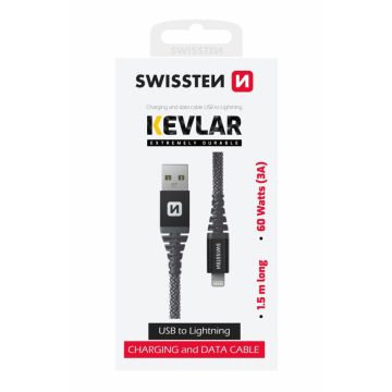   Swissten kevlár adat- és töltőkábel, USB/lightning, 1,5m, 60W, 3A, antracit