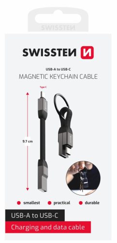 Swissten mágneses töltőkábel kulcstartó, USB-A/USB-C 9,7 cm
