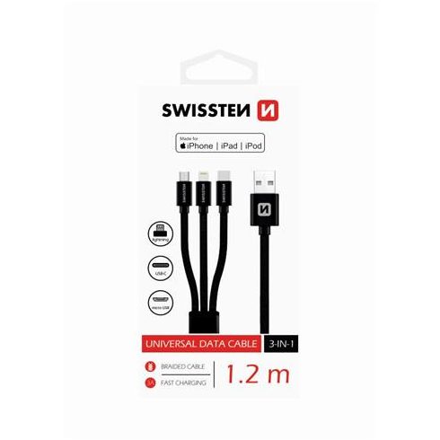 Swissten 3in1 univerzális adat- és töltőkábel (lightning MFI, Type-C, mikro USB) 1,2 m, fekete