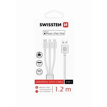   Swissten 3in1 univerzális adat- és töltőkábel (lightning MFI, Type-C, mikro USB) 1,2 m, ezüst