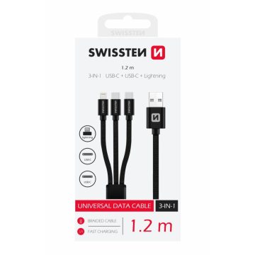   Swissten 3in1 univerzális adat- és töltőkábel textil bevonattal (1xlightning, 2xType-C) 1,2 m, fekete