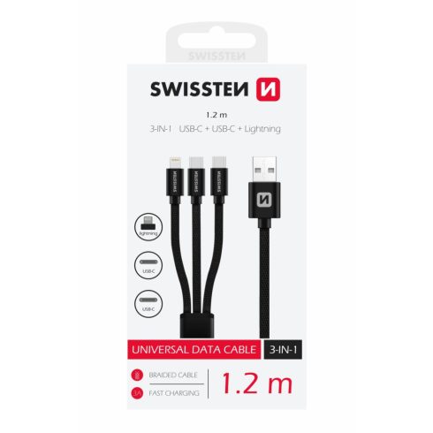 Swissten 3in1 univerzális adat- és töltőkábel textil bevonattal (1xlightning, 2xType-C) 1,2 m, fekete