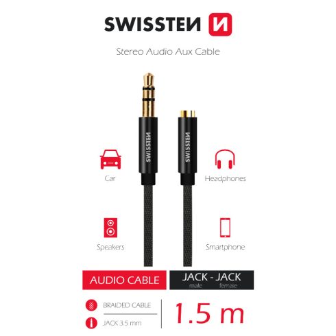 Swissten sztereó audio aux kábel (3,5 mm jack-jack, male-female)