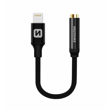   Swissten audio adapter textil bevonattal, lightning to Jack (3,5mm), 15 cm, fekete