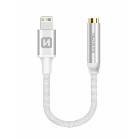 Swissten audio adapter textil bevonattal, lightning to Jack (3,5mm), 15 cm, ezüst