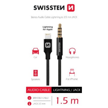   Swissten audio adapter, textil, iPhone lightning - 3,5 mm Jack male, 1,5m, fekete