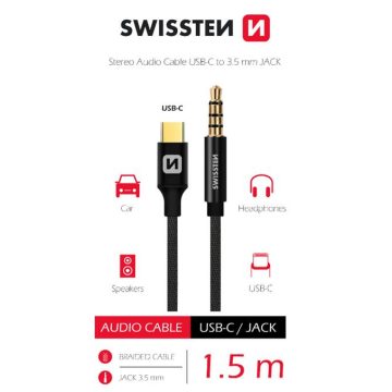   Swissten audio adapter, textil, Type-C - 3,5 mm Jack male, 1,5m, fekete