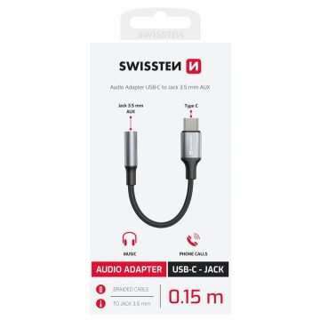   Swissten audio adapter, textil, USB-C to Jack 3,5 mm AUX, 12 cm