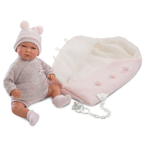 LLorens - Lala, sírós újszülött baba, kötött ruhában, hálózsákkal, 42 cm