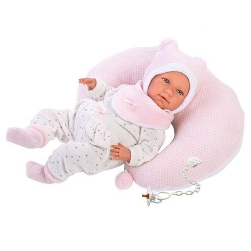 Llorens - Mimi újszülött nevető lány baba holdacska alakú párnával 42cm