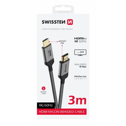 Swissten HDMI kábel, HDMI/HDMI 4K 60Hz, 3m