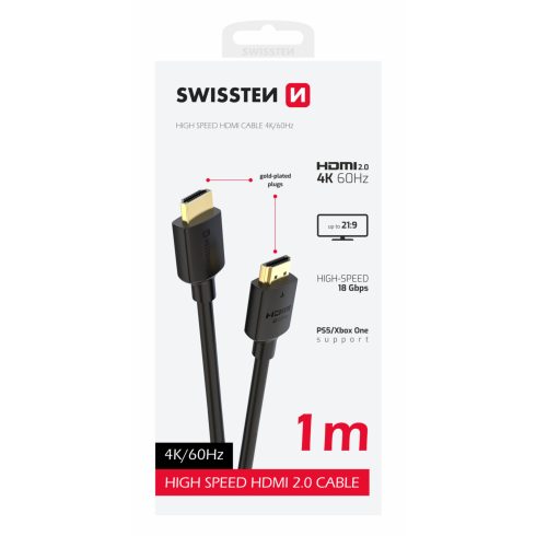 Swissten HDMI kábel, HDMI to HDMI, 4K 60 Hz, 1m, PVC