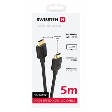 Swissten HDMI kábel, HDMI to HDMI, 4K 60 Hz, 5m, PVC