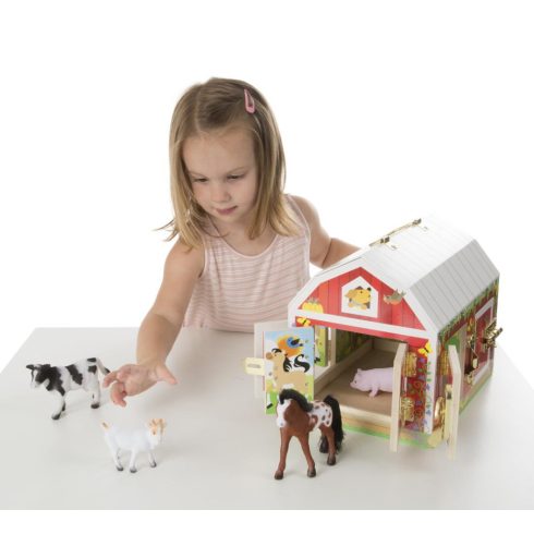 Melissa & Doug Fa készségfejlesztő játék, Istálló zárakkal és állat figurákkal