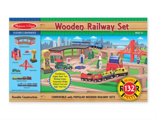 Melissa & Doug Fa vonatok és sínek, Vonat és sínek és kiegészítők, 132 db-os szett