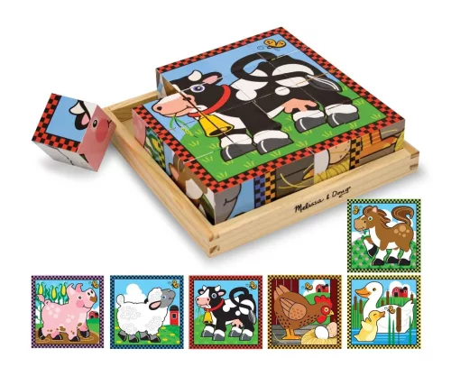 Melissa & Doug Fa készségfejlesztő játék, Kockakirakó, háziállatok