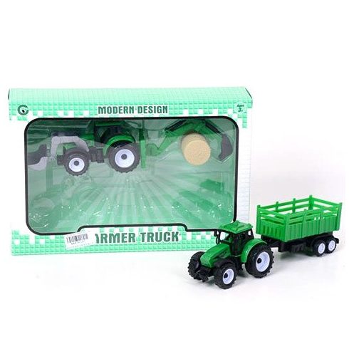 Dupla traktor zöld színben utánfutóval