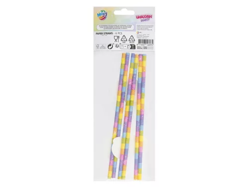 Unikornis papírszívószál, 19,5 cm, 6 db