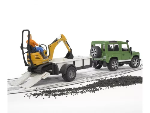 Land Rover Defender egytengelyes pótkocsi, JCB mikro kotrógép és munkás