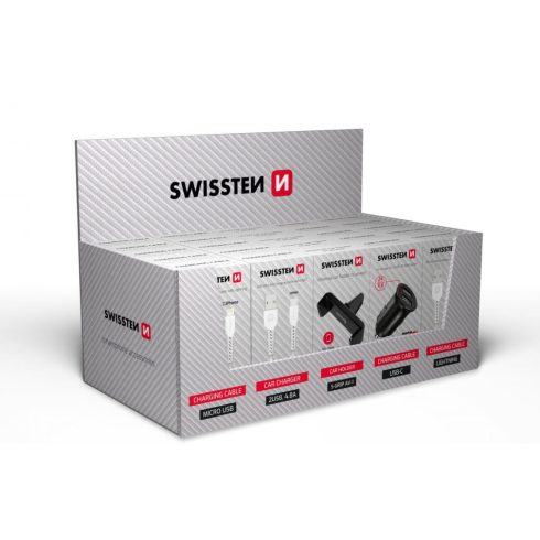 Swissten autós box (5xlightning kábel, 5xUSB-C kábel, 5xautós telefontartó AV-1, 5xautós töltő, 5xmikroUSB kábel)